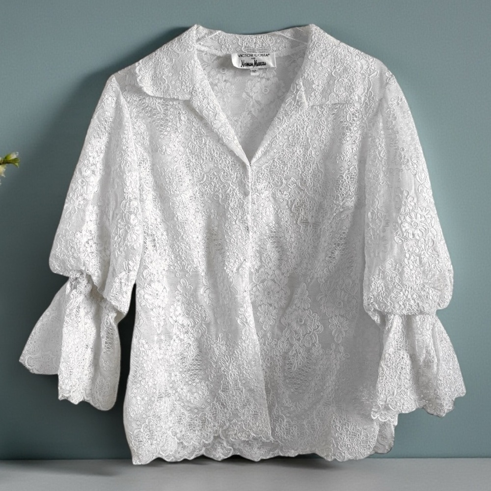 Victor Costa Neiman Marcus White Lace Romantic Blouse Vintage Cottagecore Top 12 - Picture 3 of 6